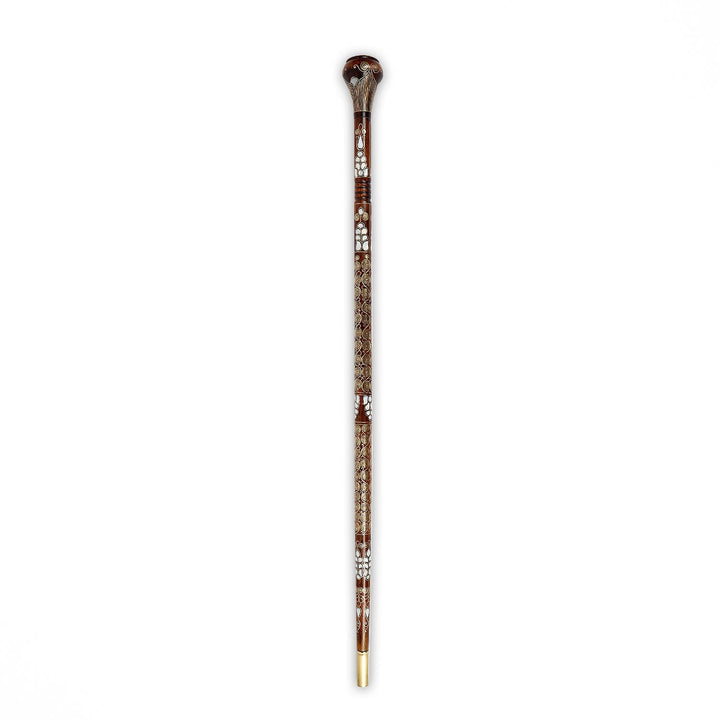 Handcrafted Wooden Walking Cane with Mother-of-Pearl &amp; Copper Wire Inlay - WAAH496