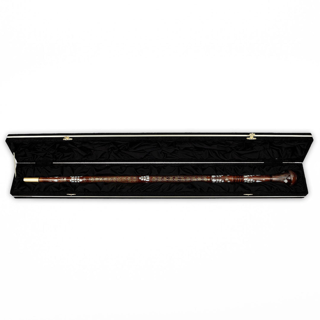 Handcrafted Wooden Walking Cane with Mother-of-Pearl &amp; Copper Wire Inlay - WAAH496
