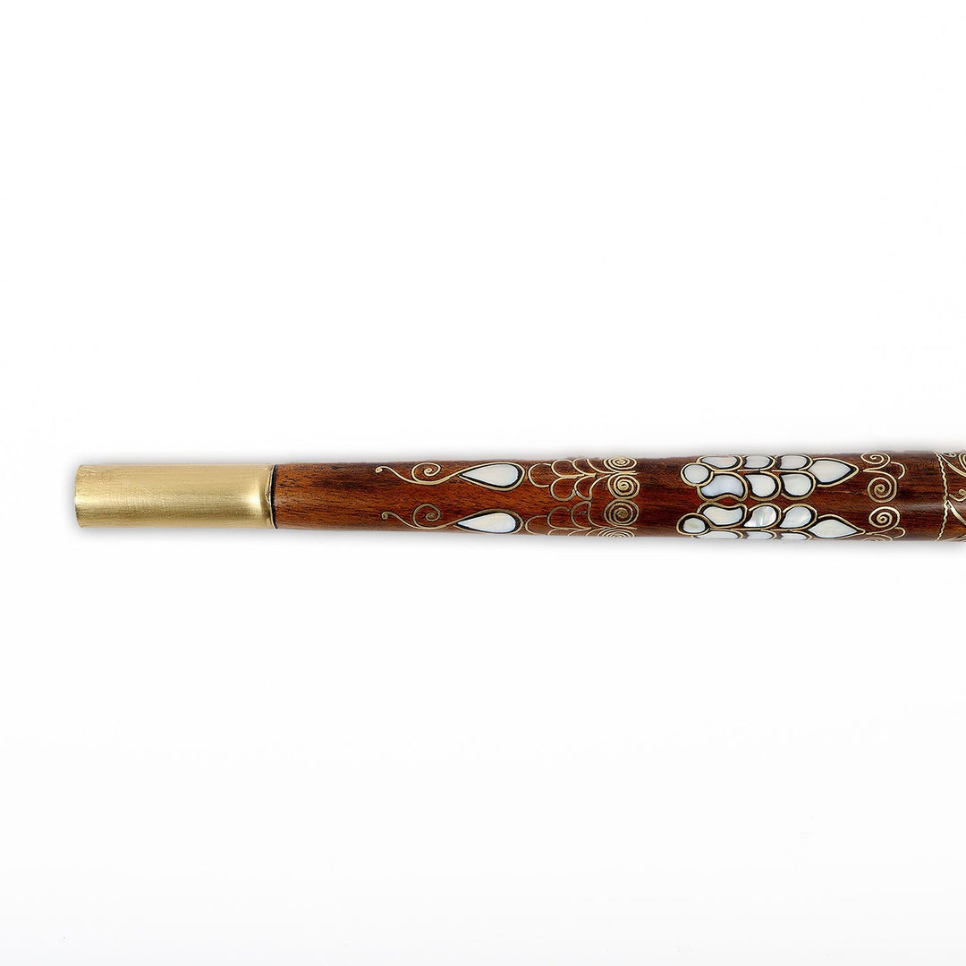 Handcrafted Wooden Walking Cane with Mother-of-Pearl &amp; Copper Wire Inlay - WAAH496