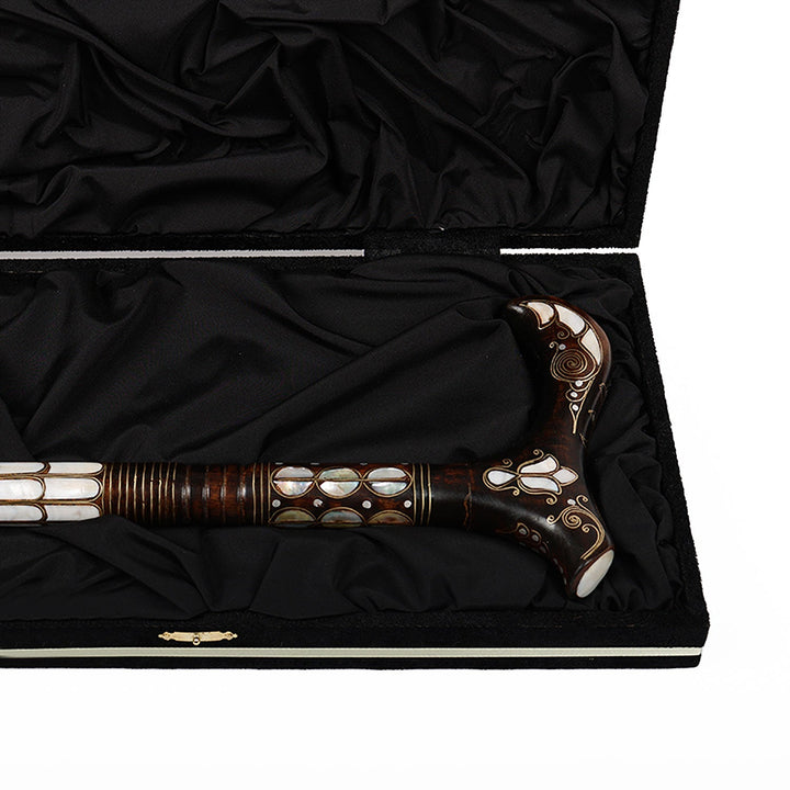 Handcrafted Wooden Walking Cane with Mother-of-Pearl &amp; Copper Wire Inlay - WAAH497