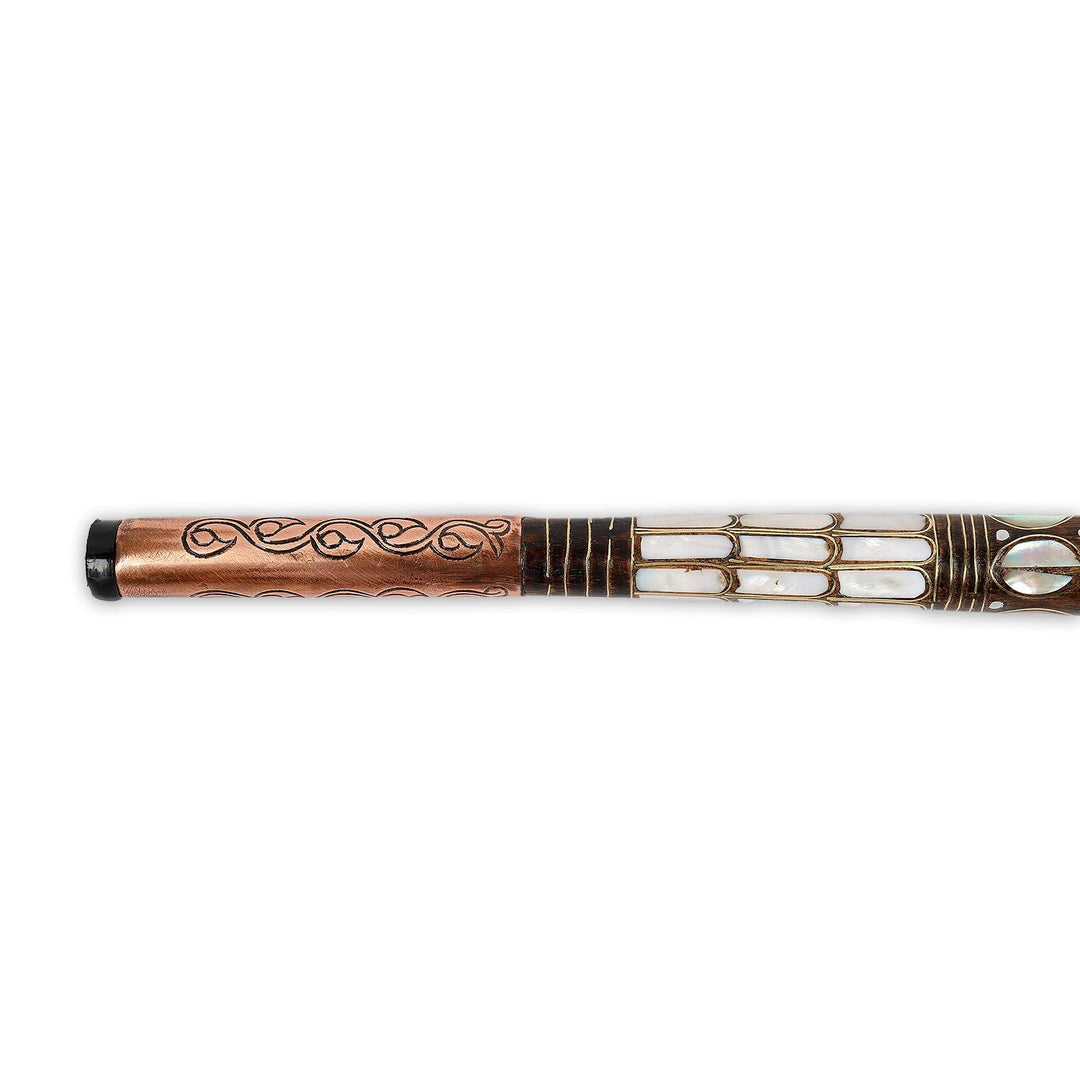 Handcrafted Wooden Walking Cane with Mother-of-Pearl &amp; Copper Wire Inlay - WAAH497
