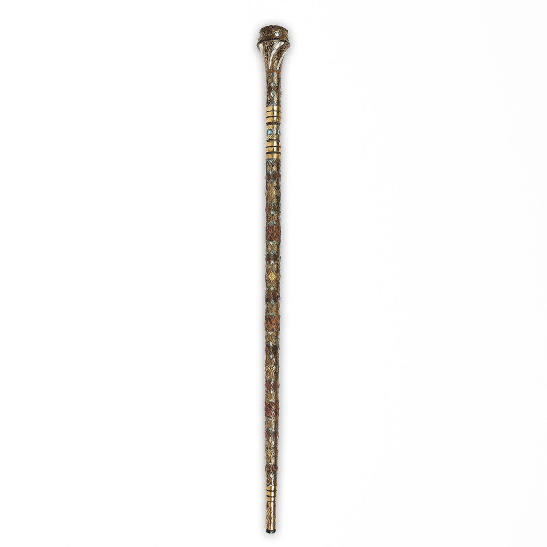 Handcrafted Wooden Walking Cane with Mother-of-Pearl, Abalone &amp; Copper Wire Inlay - WAAH498