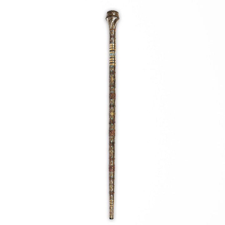 Handcrafted Wooden Walking Cane with Mother-of-Pearl, Abalone &amp; Copper Wire Inlay - WAAH498