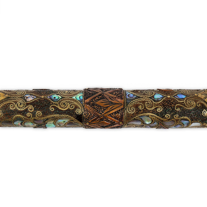 Handcrafted Wooden Walking Cane with Mother-of-Pearl, Abalone &amp; Copper Wire Inlay - WAAH498
