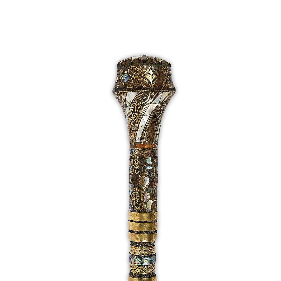 Handcrafted Wooden Walking Cane with Mother-of-Pearl, Abalone &amp; Copper Wire Inlay - WAAH498
