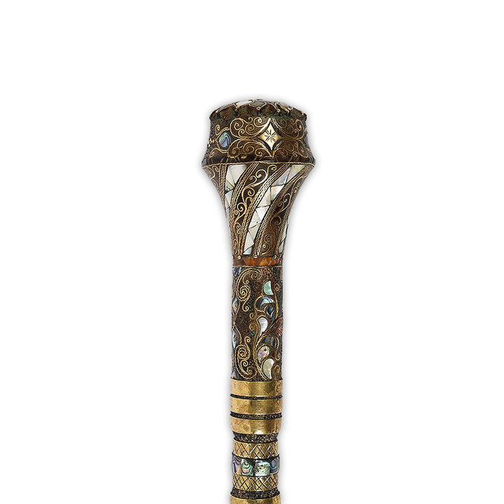 Handcrafted Wooden Walking Cane with Mother-of-Pearl, Abalone &amp; Copper Wire Inlay - WAAH498