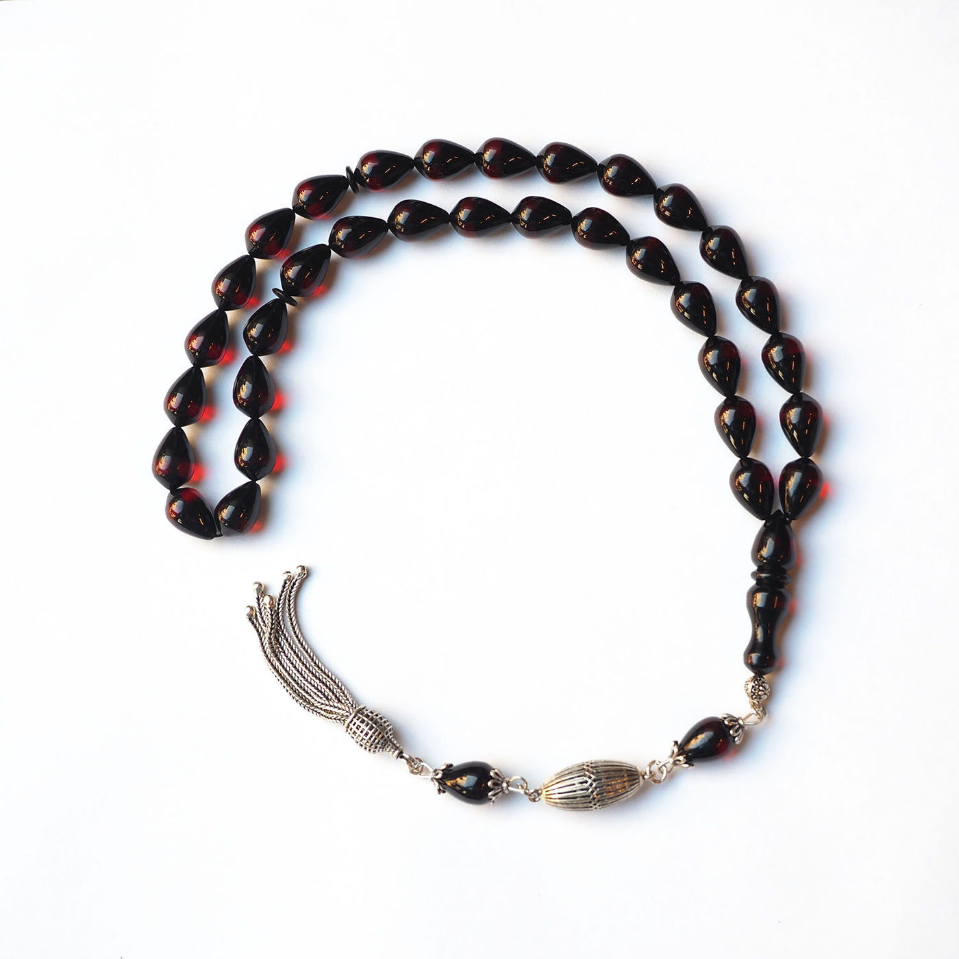 Handcrafted Graded Pressed Fire Amber Tasbeeh Silver Tassel – WATD168