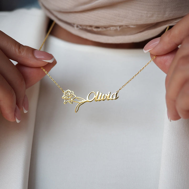 Custom Name &amp; Birth Flower Silver Necklace - WAMT032