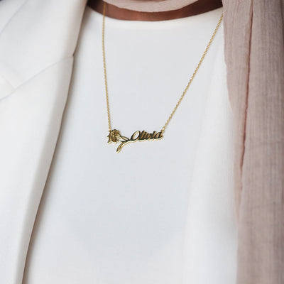 Custom Name & Birth Flower Silver Necklace - WAMT032