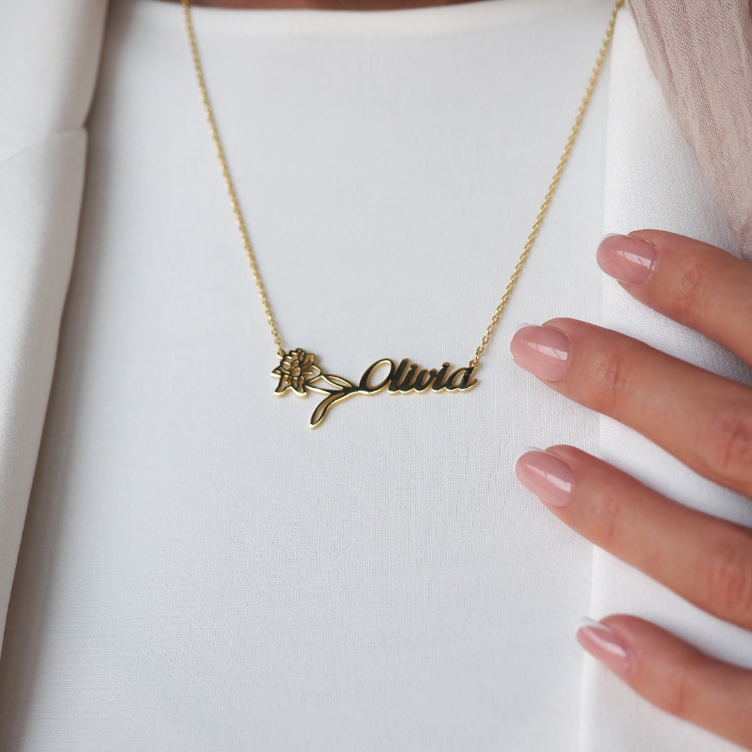 Custom Name &amp; Birth Flower Silver Necklace - WAMT032