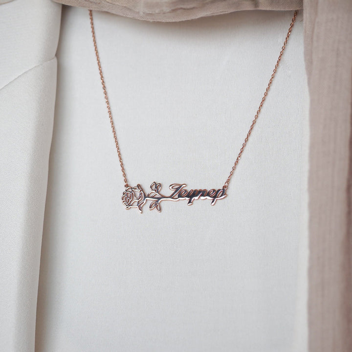 Custom Name &amp; Birth Flower Silver Necklace - WAMT032