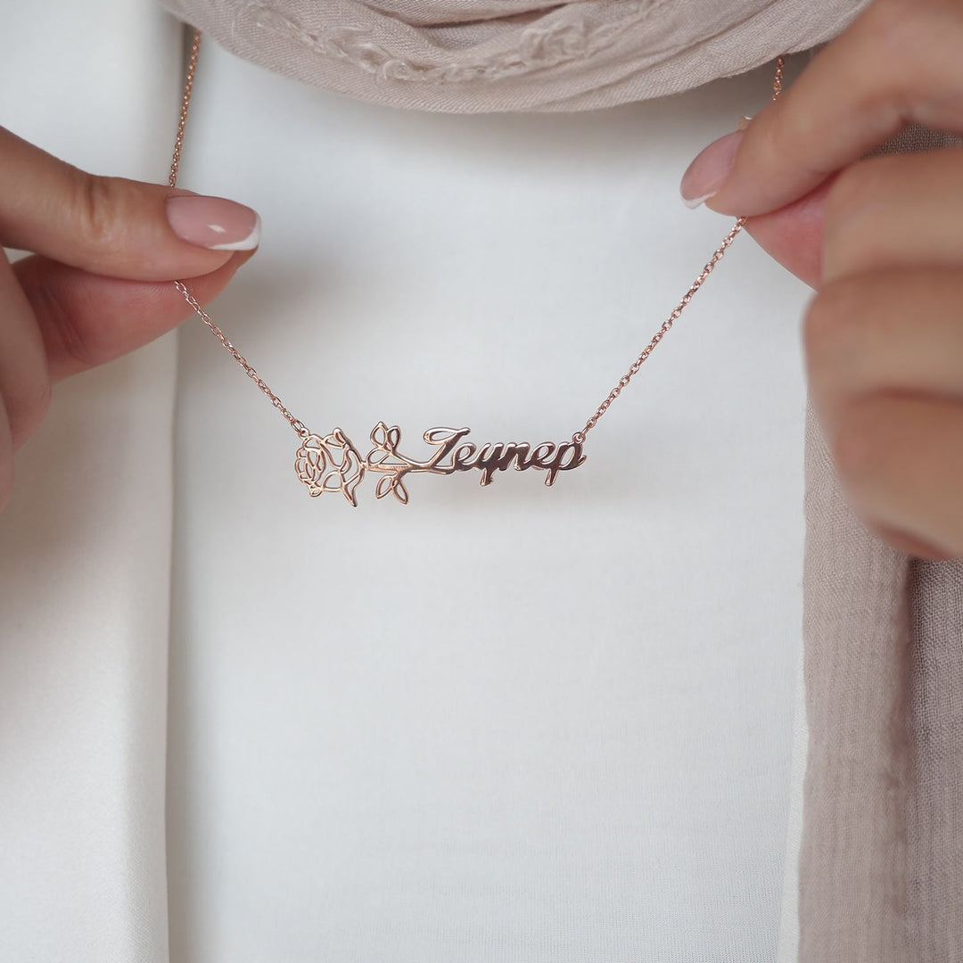 Custom Name &amp; Birth Flower Silver Necklace - WAMT032