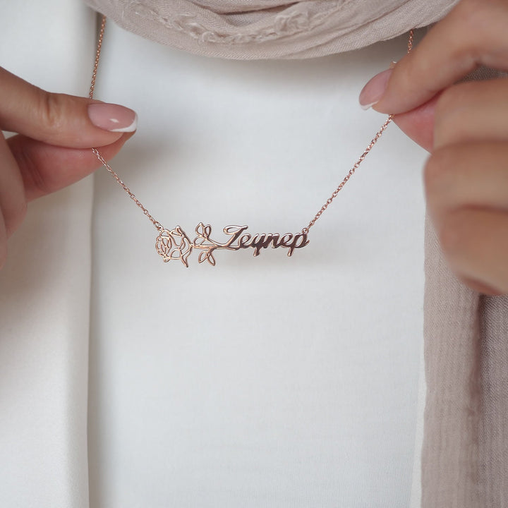 Custom Name &amp; Birth Flower Silver Necklace - WAMT032