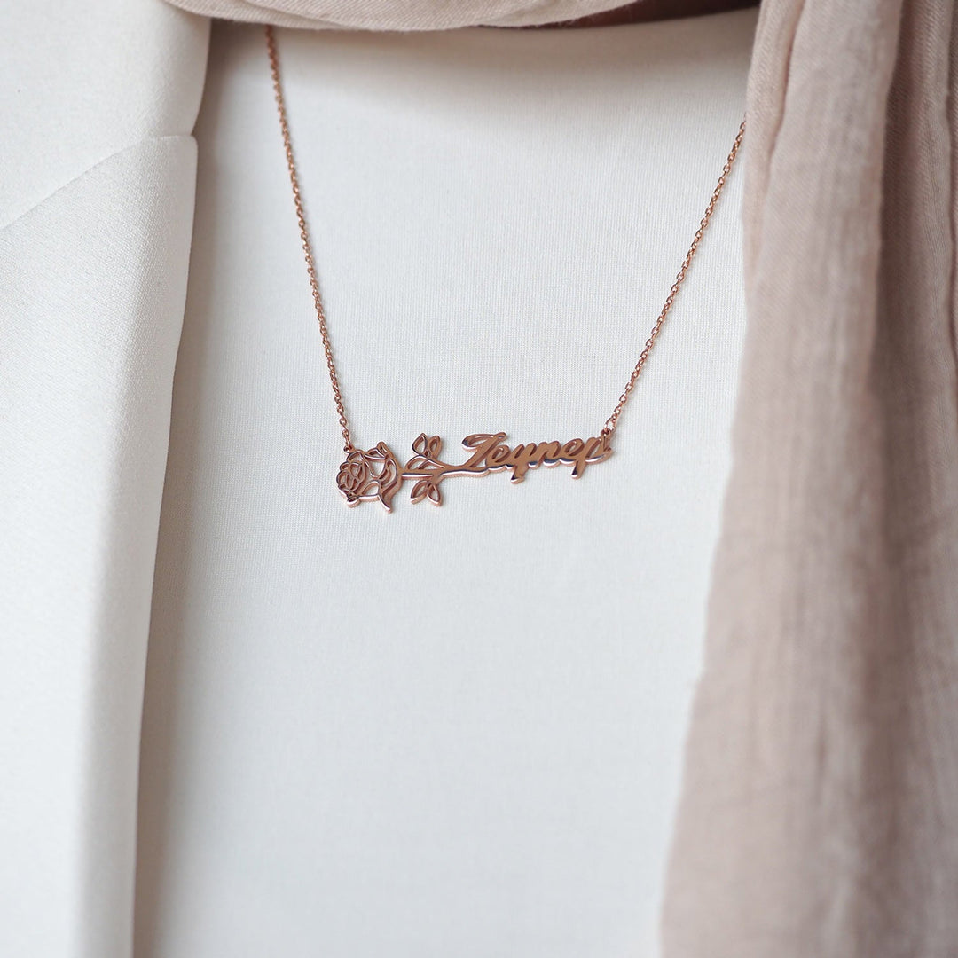 Custom Name &amp; Birth Flower Silver Necklace - WAMT032