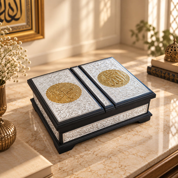Ornate Gold-Accented Silver Inlaid Wooden Quran Box and Quran - WAP023