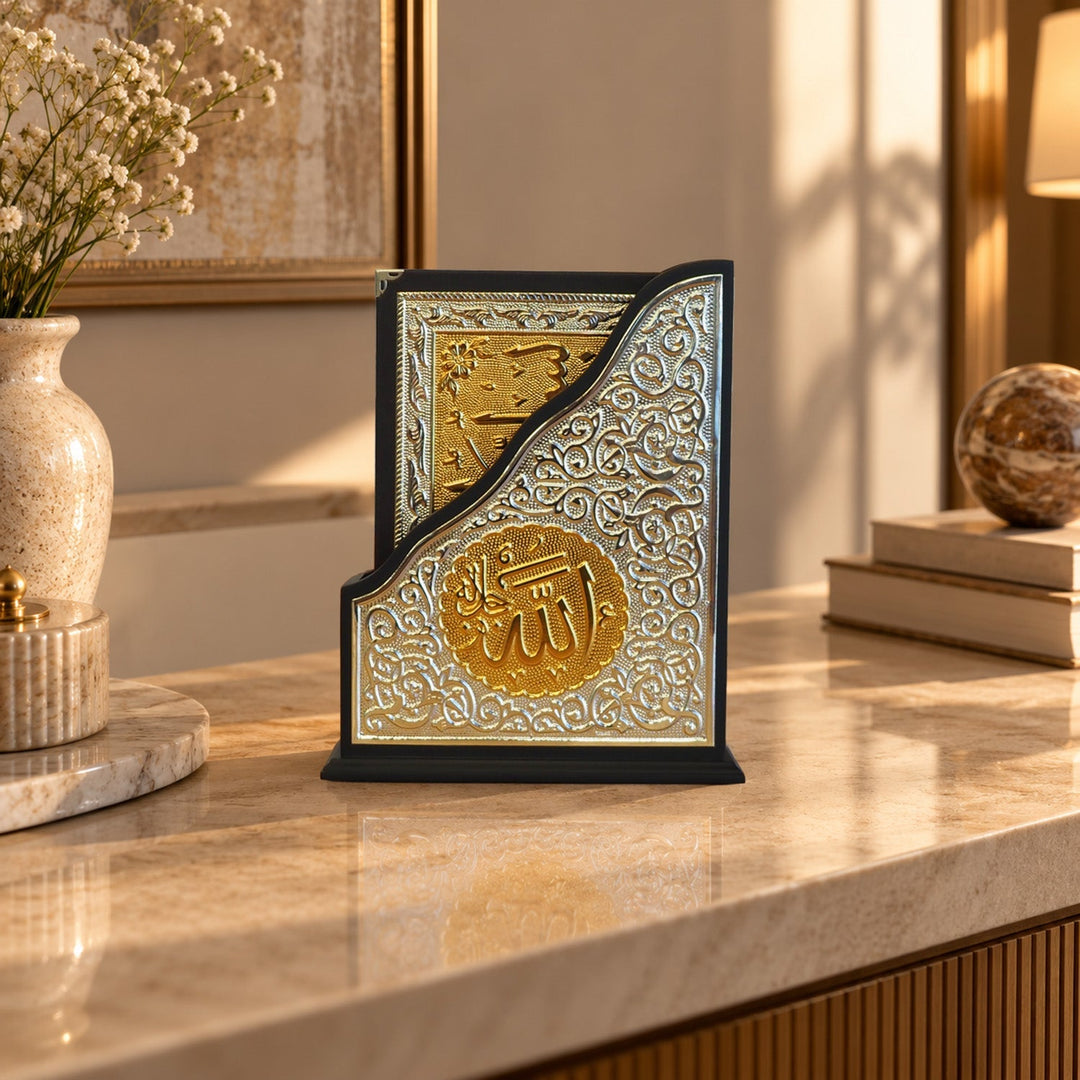 Ornate Gold-Accented Silver Inlaid Wooden Quran Stand and Quran - WAP029