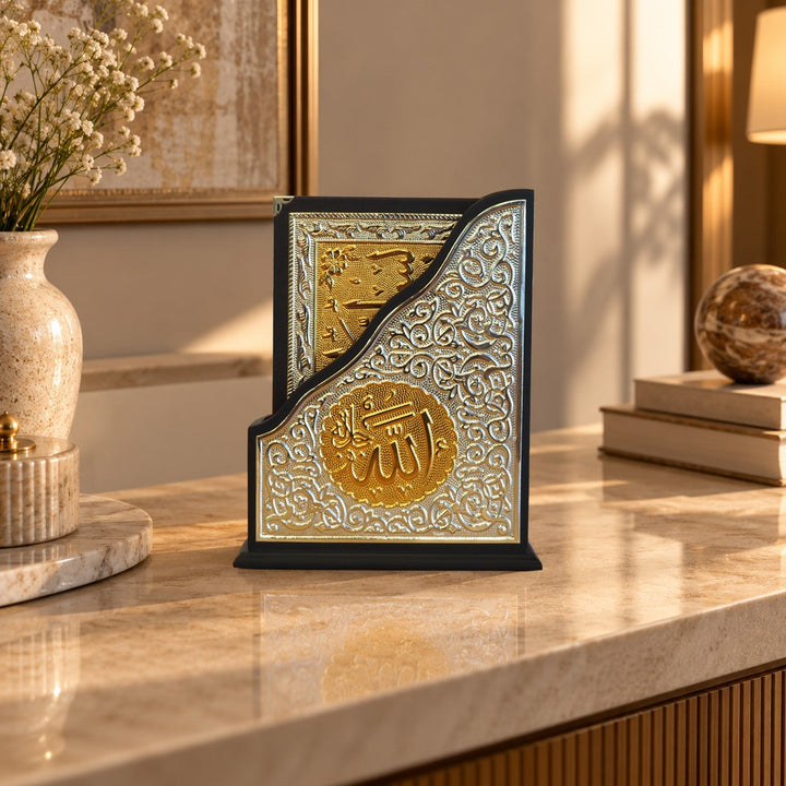 Ornate Gold-Accented Silver Inlaid Wooden Quran Stand and Quran - WAP029