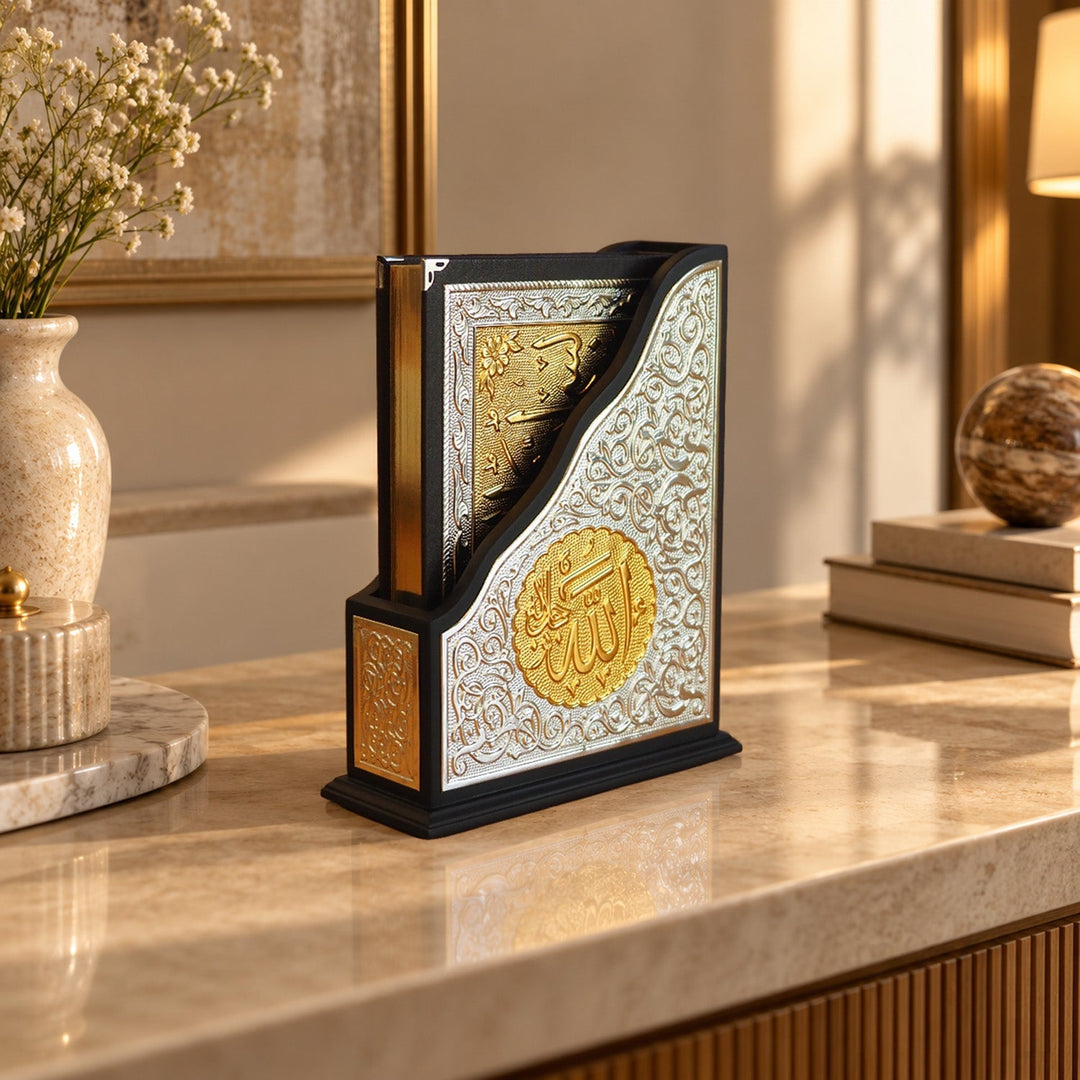 Ornate Gold-Accented Silver Inlaid Wooden Quran Stand and Quran - WAP029