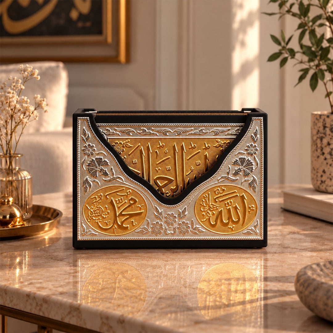 Ornate Gold-Accented Silver Inlaid Wooden Quran Box and Quran - WAP031