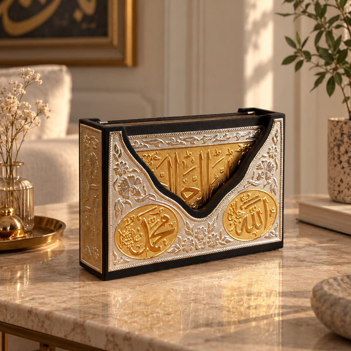 Ornate Gold-Accented Silver Inlaid Wooden Quran Box and Quran - WAP031