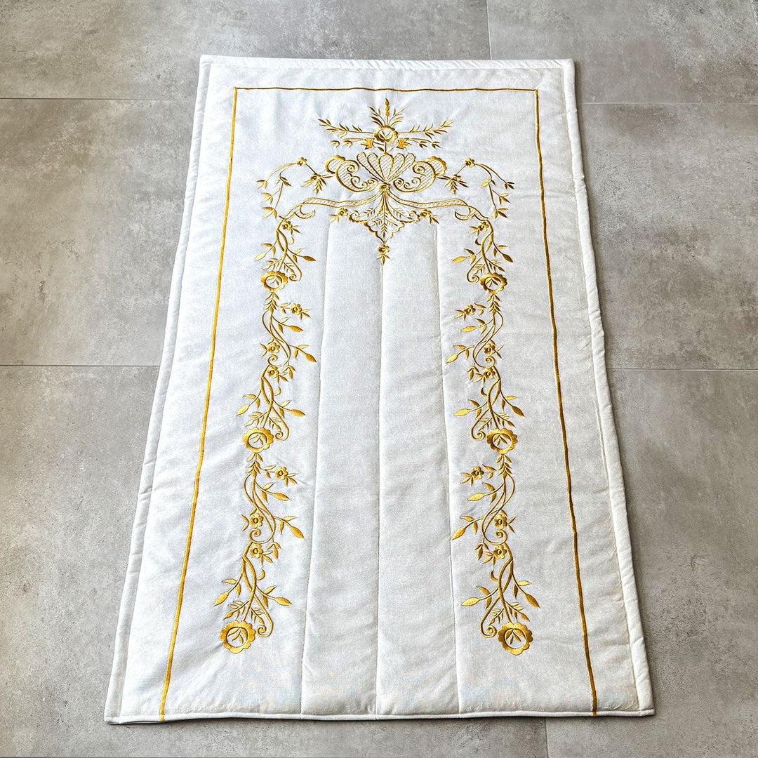 Cream Velvet Islamic Prayer Rug with Gold Embroidery – WAS014