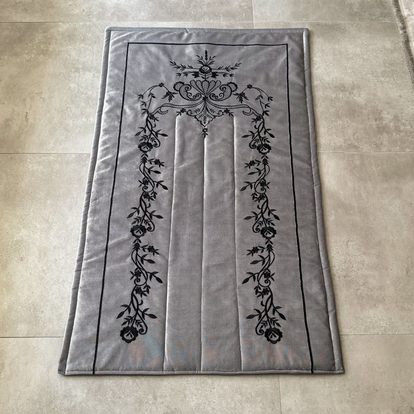 Gray Velvet Islamic Prayer Rug with Black Embroidery – WAS016