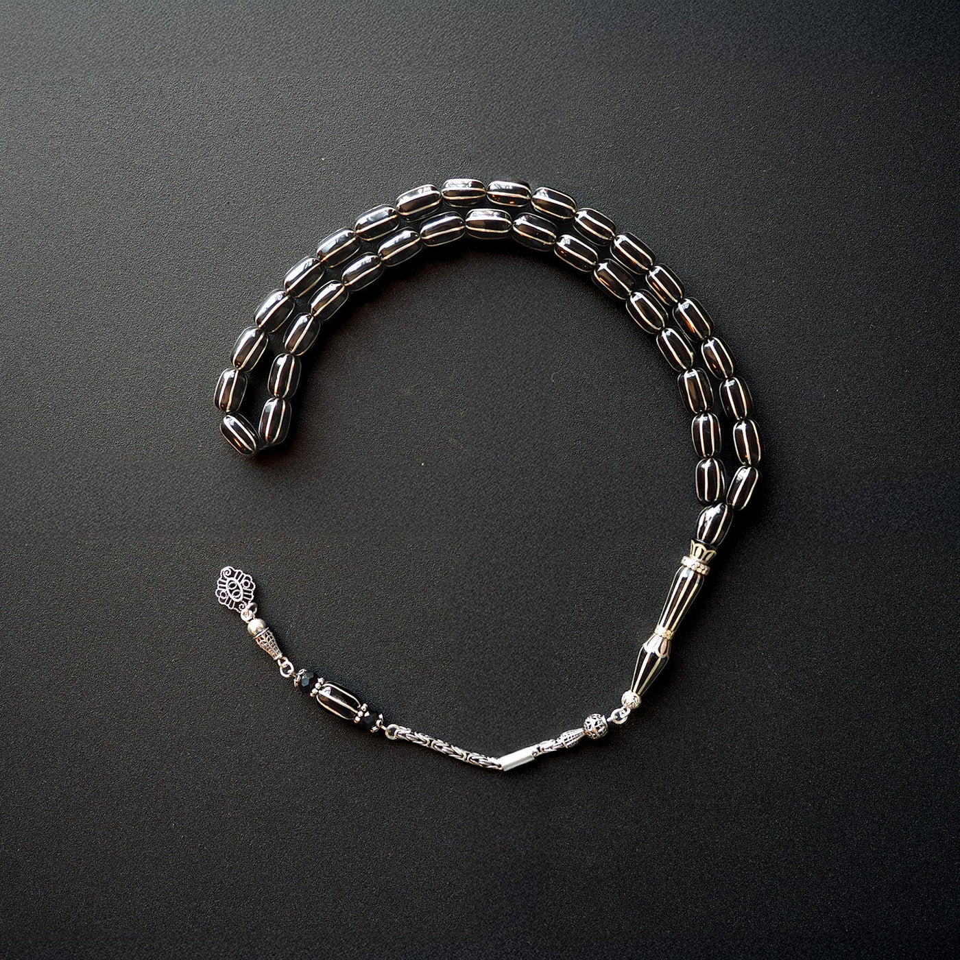 Genuine Oltu Stone 8-Cut Design with Sterling Silver Hand-Engraved Imam Bead & Special Tassel - WATD028