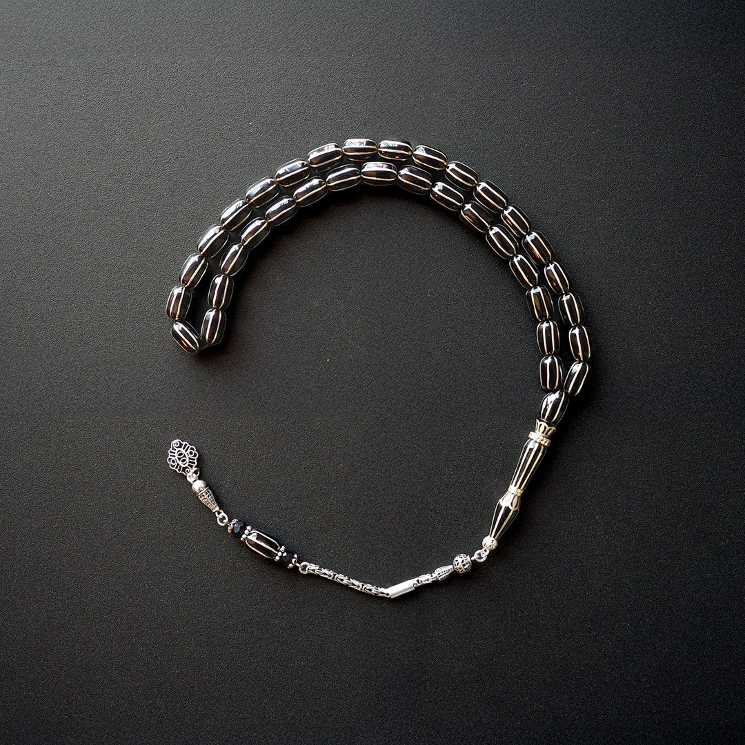 Genuine Oltu Stone 8-Cut Design with Sterling Silver Hand-Engraved Imam Bead &amp; Special Tassel - WATD028