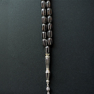 Genuine Oltu Stone 8-Cut Design with Sterling Silver Hand-Engraved Imam Bead & Special Tassel - WATD028