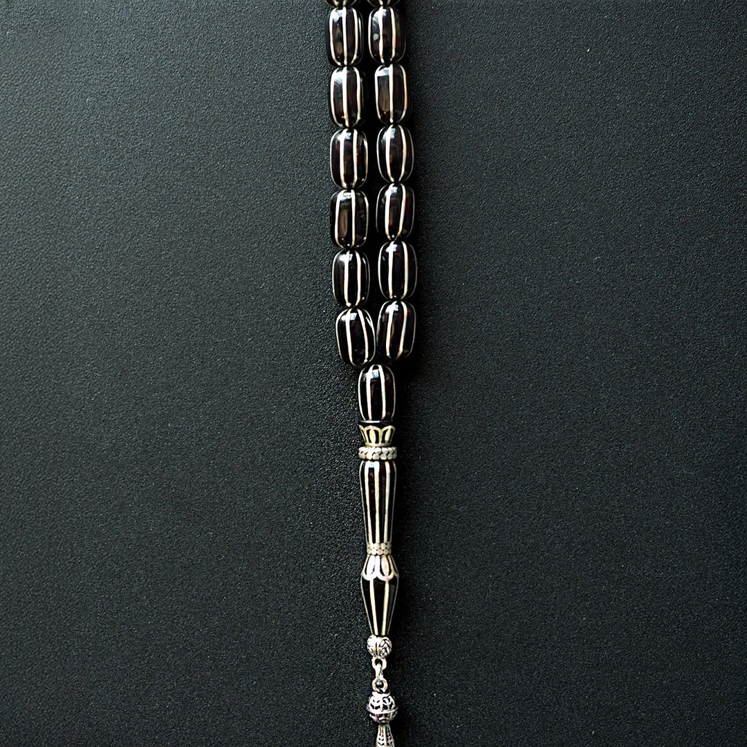 Genuine Oltu Stone 8-Cut Design with Sterling Silver Hand-Engraved Imam Bead &amp; Special Tassel - WATD028