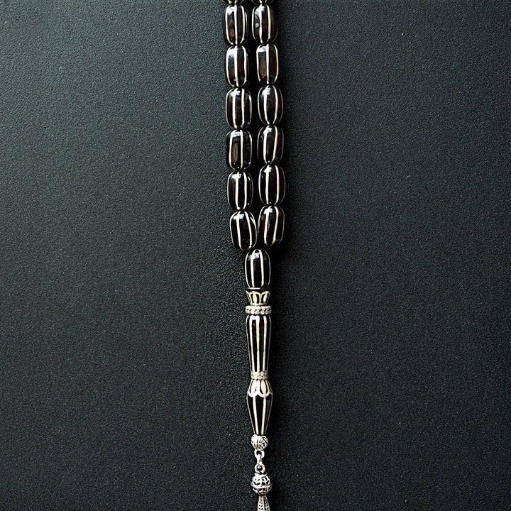 Genuine Oltu Stone 8-Cut Design with Sterling Silver Hand-Engraved Imam Bead &amp; Special Tassel - WATD028