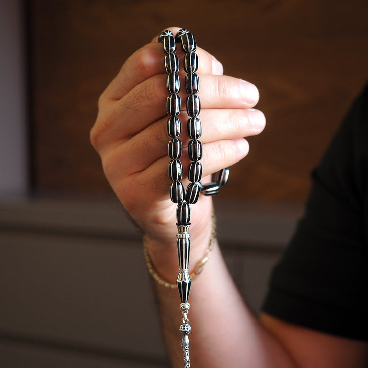 Genuine Oltu Stone 8-Cut Design with Sterling Silver Hand-Engraved Imam Bead &amp; Special Tassel - WATD028