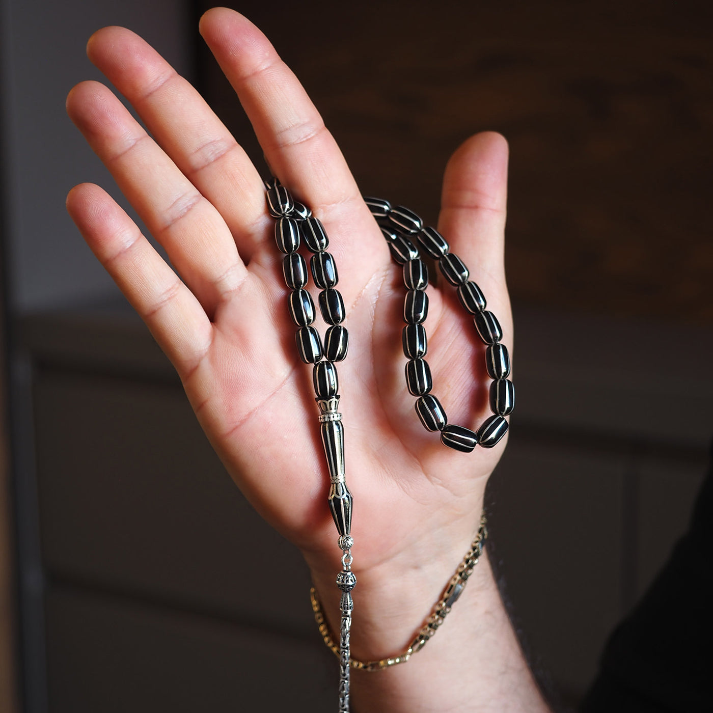 Genuine Oltu Stone 8-Cut Design with Sterling Silver Hand-Engraved Imam Bead & Special Tassel - WATD028