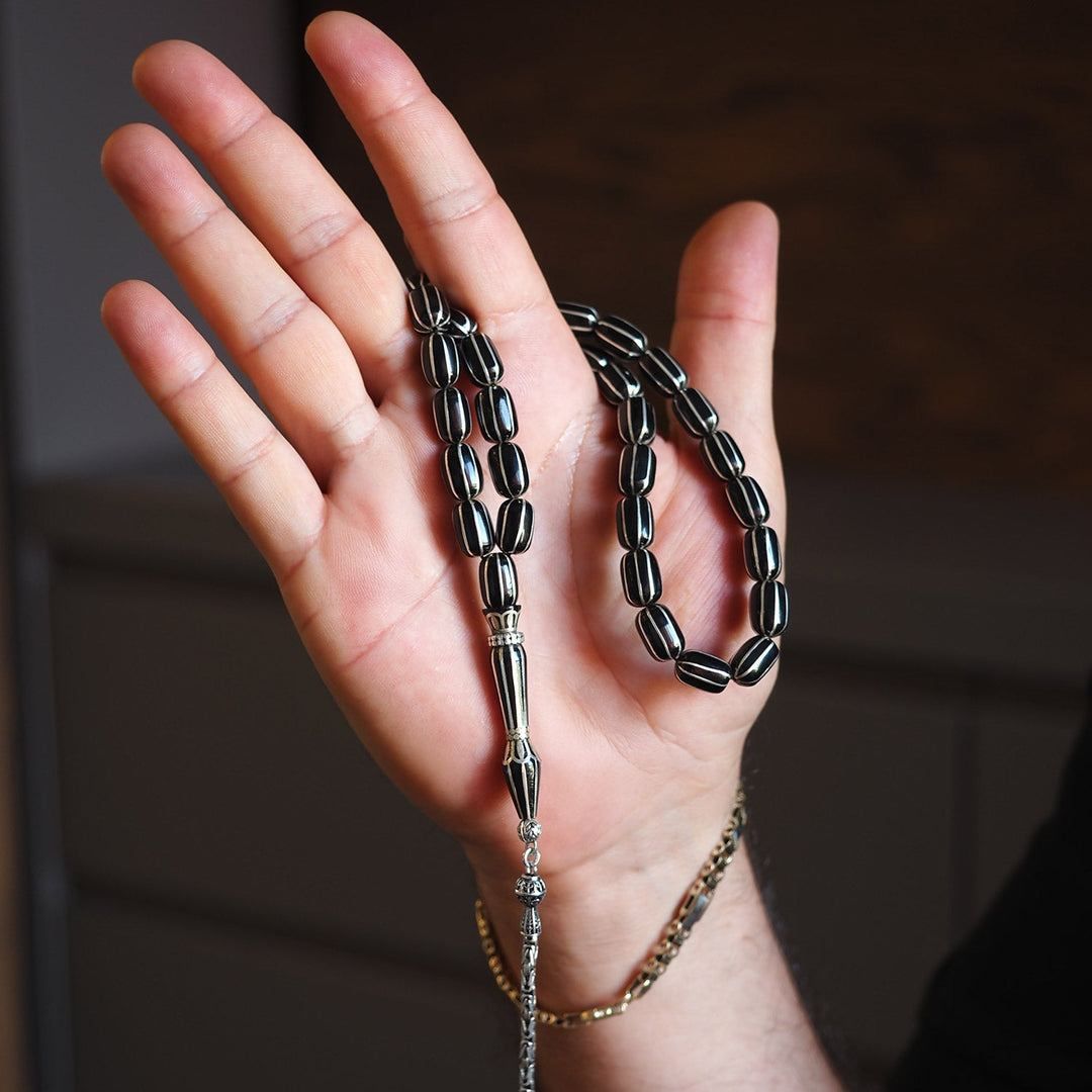 Genuine Oltu Stone 8-Cut Design with Sterling Silver Hand-Engraved Imam Bead &amp; Special Tassel - WATD028