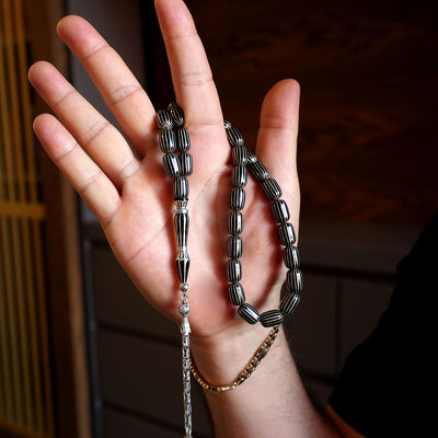 Genuine Oltu Stone 16-Cut Design with Sterling Silver Hand-Engraved Imam Bead & Special Tassel - WATD029