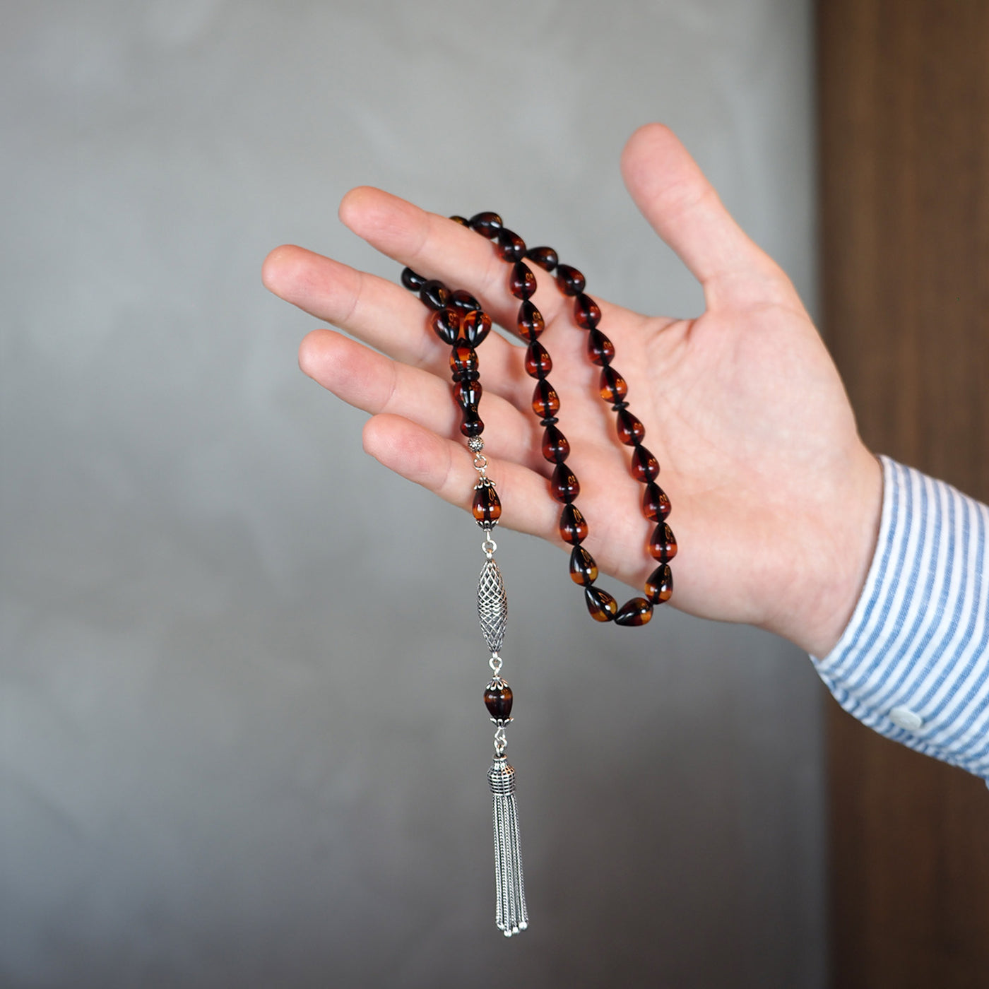 Handcrafted Graded Pressed Fire Amber Tasbeeh Silver Tassel – WATD127