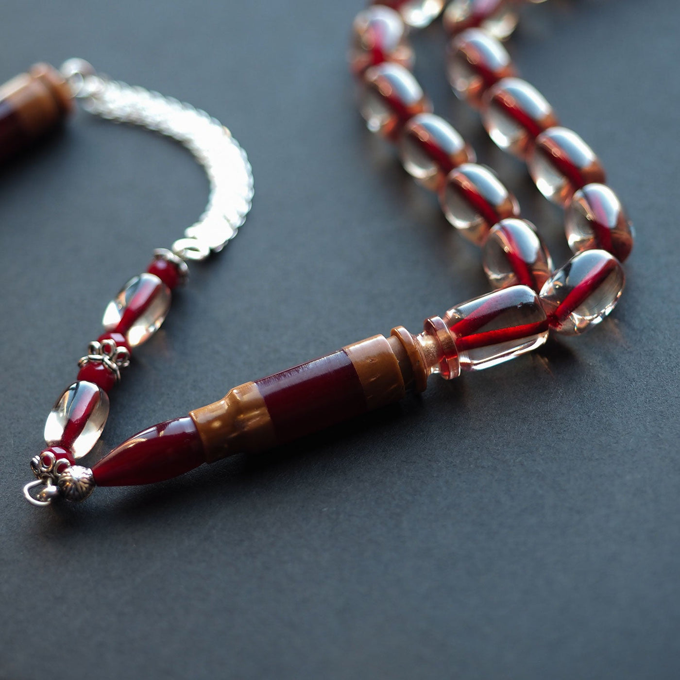 Pressed Amber Tasbeeh with 925 Sterling Silver Tassel & Kuka Combination – WATD153