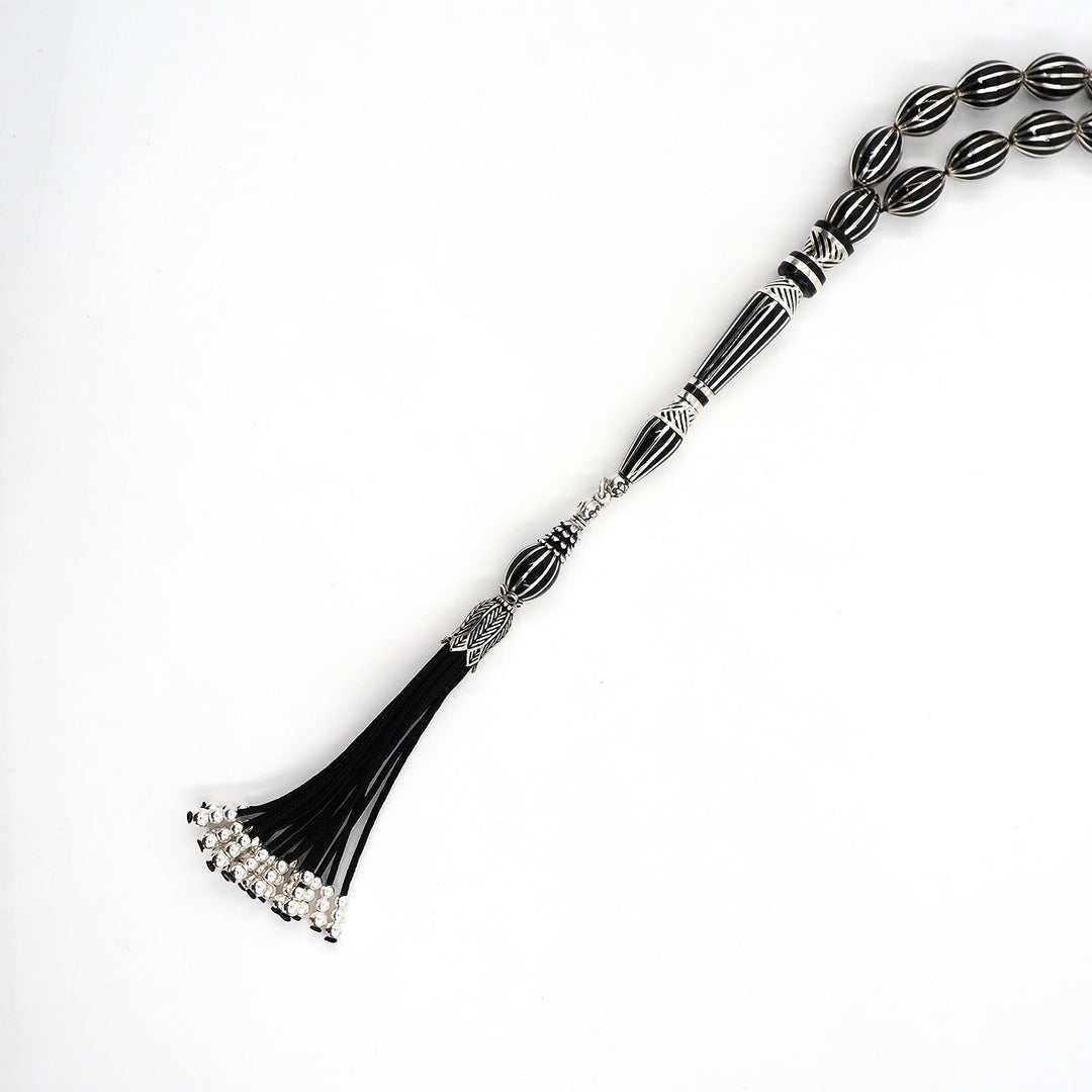 Master-Crafted Genuine Oltu Stone Tasbeeh with Oval Cut and Silver Inlay – WATD363