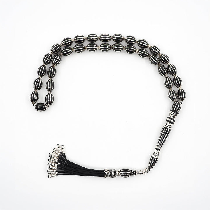 Master-Crafted Genuine Oltu Stone Tasbeeh with Oval Cut and Silver Inlay – WATD363