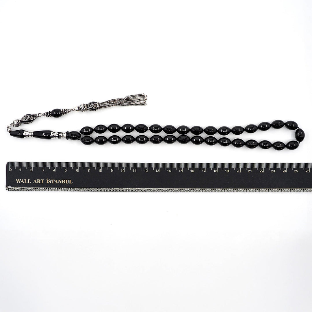 Premium Oltu Stone Tasbeeh Featuring Oval Cut Beads &amp; Silver-Engraved Tassel – WATD402