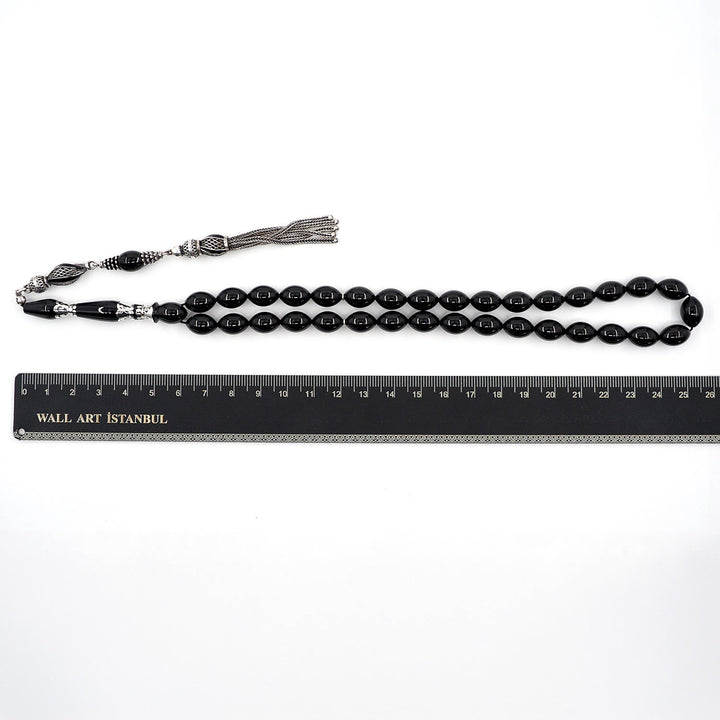 Premium Oltu Stone Tasbeeh Featuring Oval Cut Beads &amp; Silver-Engraved Tassel – WATD402