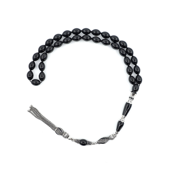 Premium Oltu Stone Tasbeeh Featuring Oval Cut Beads &amp; Silver-Engraved Tassel – WATD402