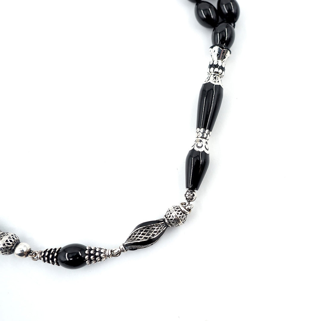 Premium Oltu Stone Tasbeeh Featuring Oval Cut Beads &amp; Silver-Engraved Tassel – WATD402