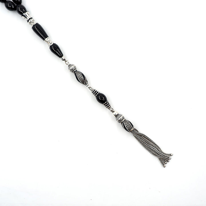 Premium Oltu Stone Tasbeeh Featuring Oval Cut Beads &amp; Silver-Engraved Tassel – WATD402