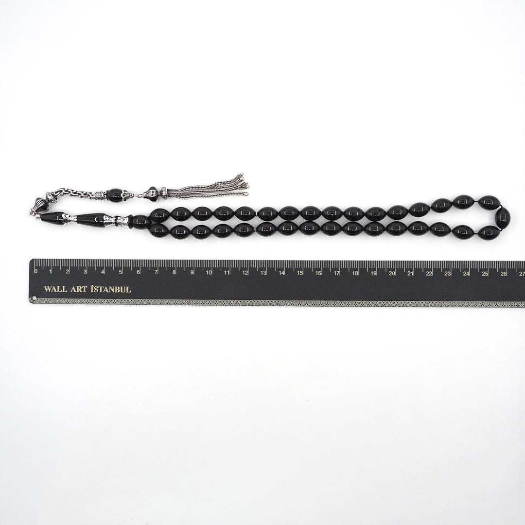 Premium Oltu Stone Tasbeeh Featuring Oval Cut Beads &amp; Silver-Engraved Tassel – WATD407