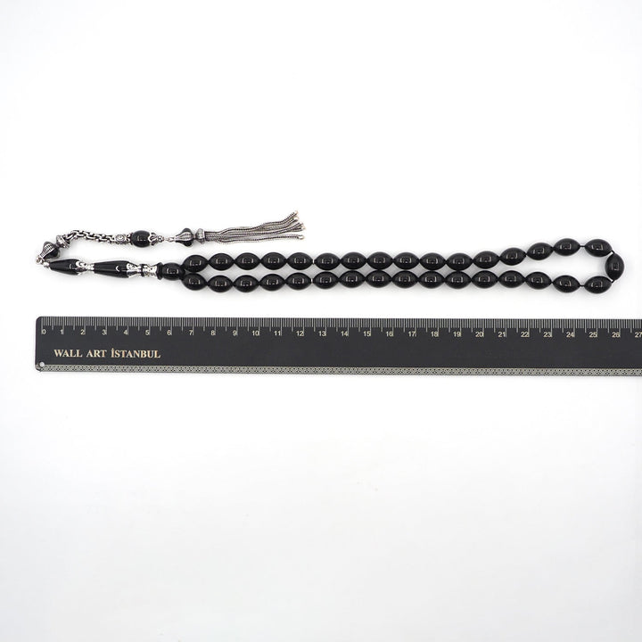 Premium Oltu Stone Tasbeeh Featuring Oval Cut Beads &amp; Silver-Engraved Tassel – WATD407