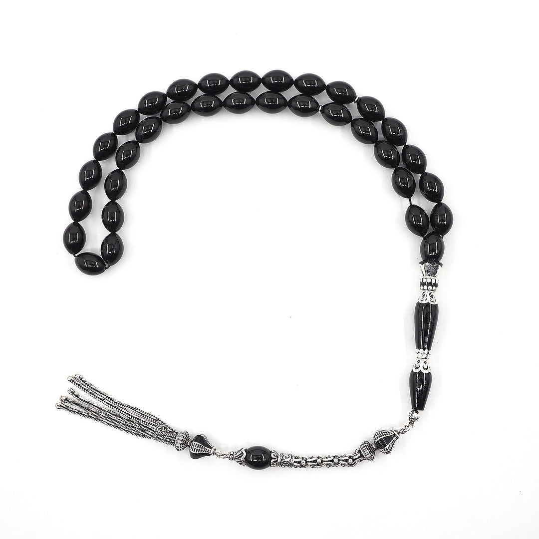 Premium Oltu Stone Tasbeeh Featuring Oval Cut Beads &amp; Silver-Engraved Tassel – WATD407