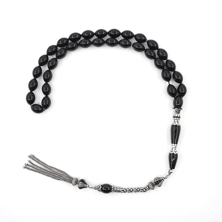 Premium Oltu Stone Tasbeeh Featuring Oval Cut Beads &amp; Silver-Engraved Tassel – WATD407