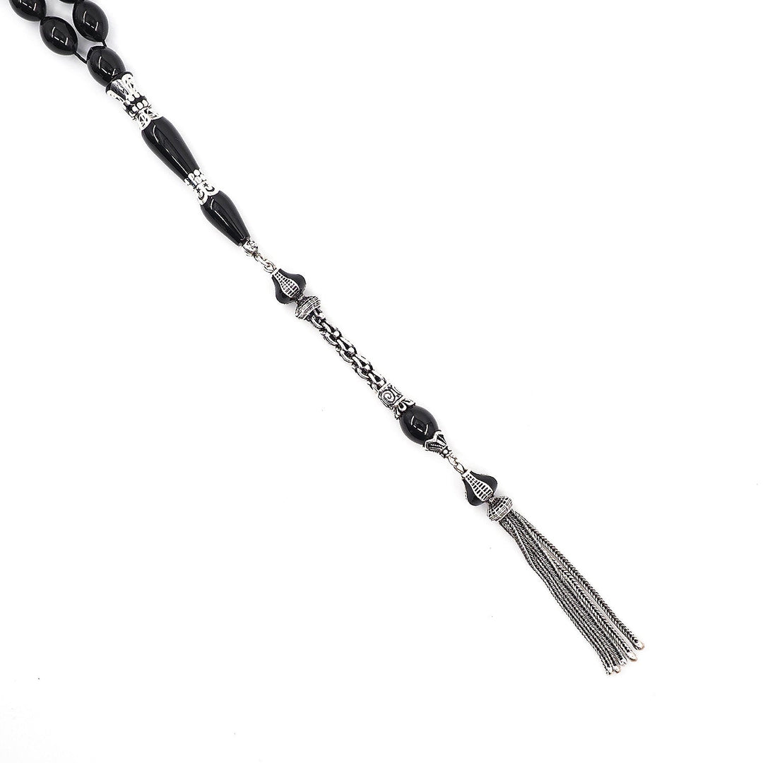 Premium Oltu Stone Tasbeeh Featuring Oval Cut Beads &amp; Silver-Engraved Tassel – WATD407
