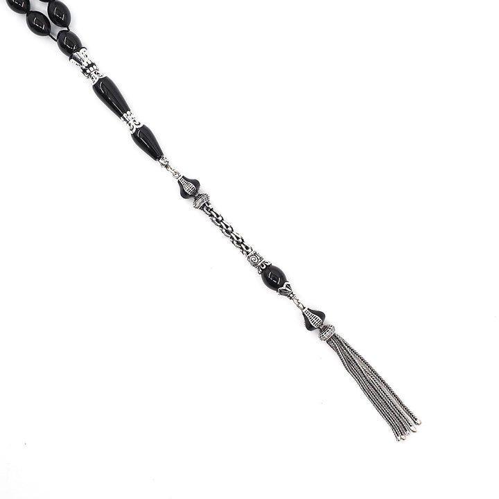 Premium Oltu Stone Tasbeeh Featuring Oval Cut Beads &amp; Silver-Engraved Tassel – WATD407